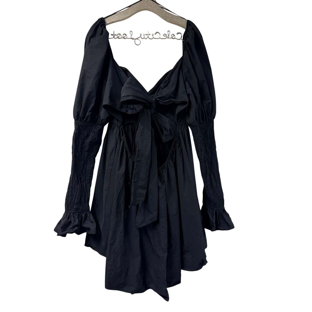 Little Black Mini Dress ASOS Luxe Tie Bow Back 14 Smocked Bell Sleeve Sweetheart